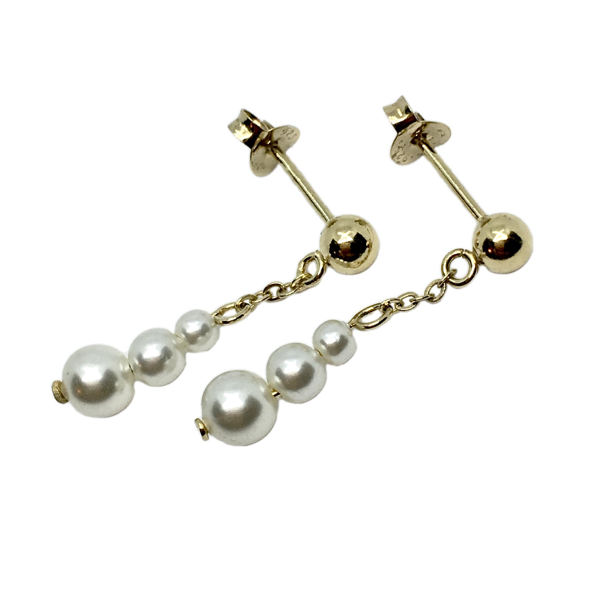 Earrings - Womens used Gold Sterling Silver Graduating White Pearl Dangle Earrings - Blingschlingers.com online USA