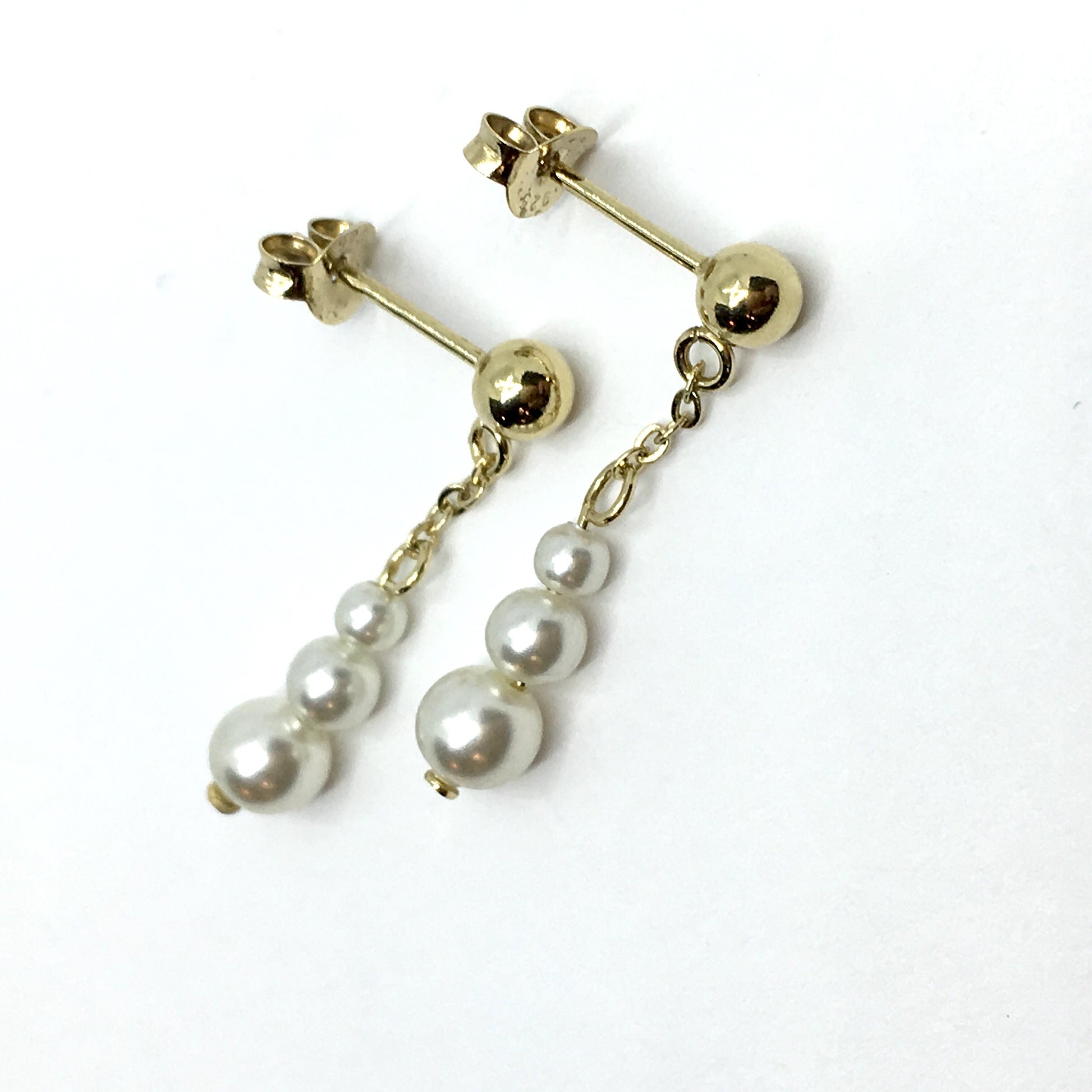 Earrings - Womens used Gold Sterling Silver Graduating White Pearl Dangle Earrings