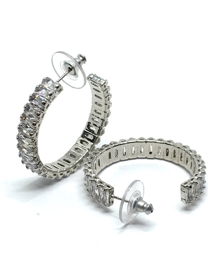 Fashion Jewelry - Womens used Sparkly Baguette CZ Silver Hoop Earrings