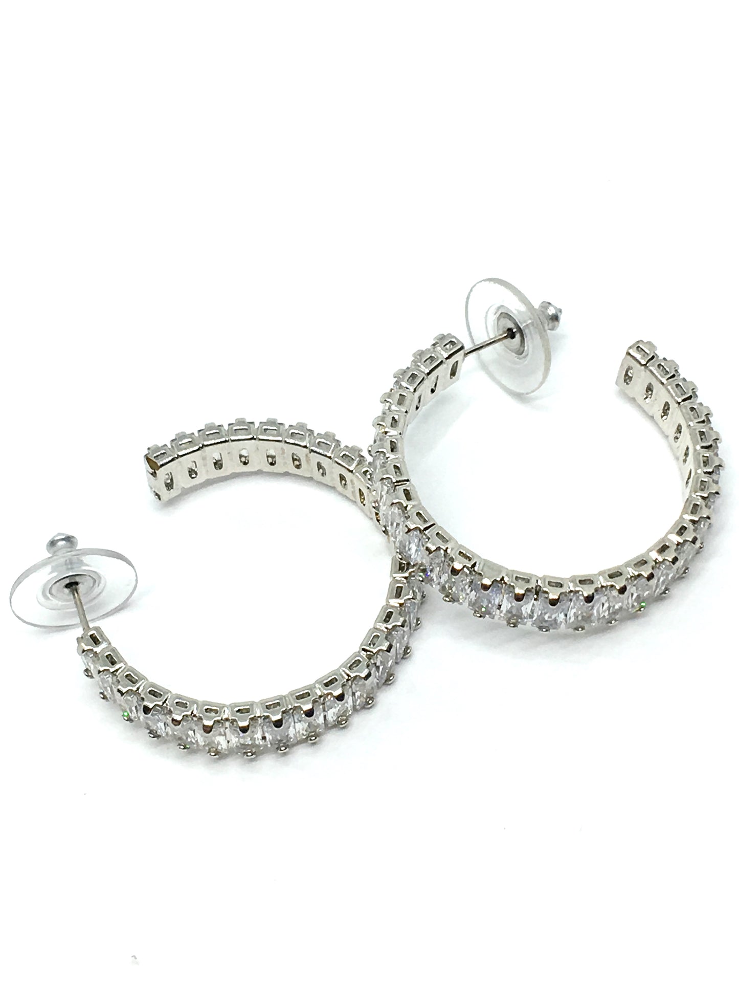 Fashion Jewelry - Womens used Sparkly Baguette CZ Silver Hoop Earrings