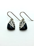 Earrings - Womens Sterling Silver Black Stone Cut-out Design Dangle Earrings 