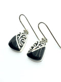 Earrings - Womens Sterling Silver Black Stone Cut-out Design Dangle Earrings 
