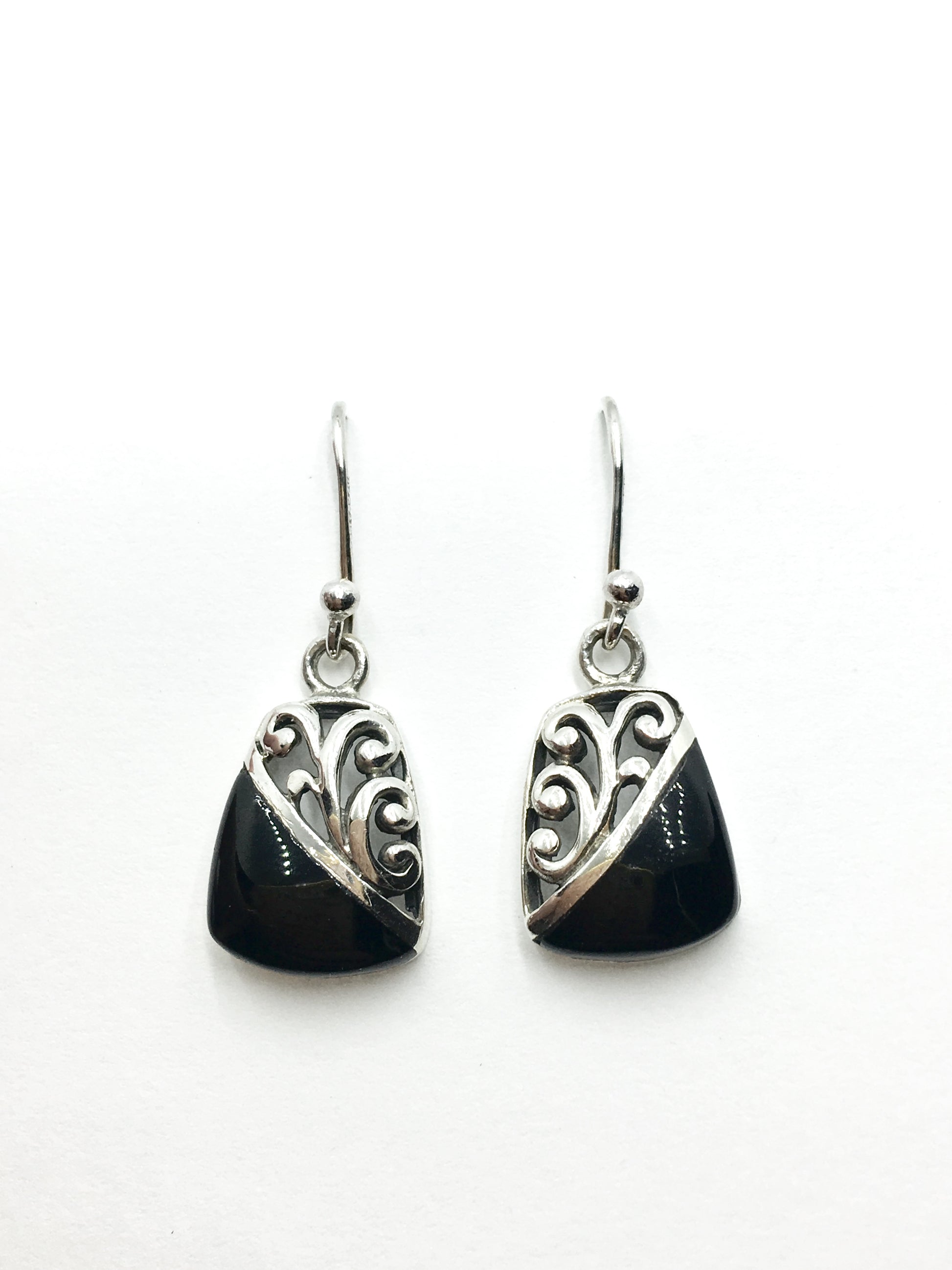 Earrings - Womens Sterling Silver Black Stone Cut-out Design Dangle Earrings 