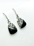 Earrings - Womens Sterling Silver Black Stone Cut-out Design Dangle Earrings 