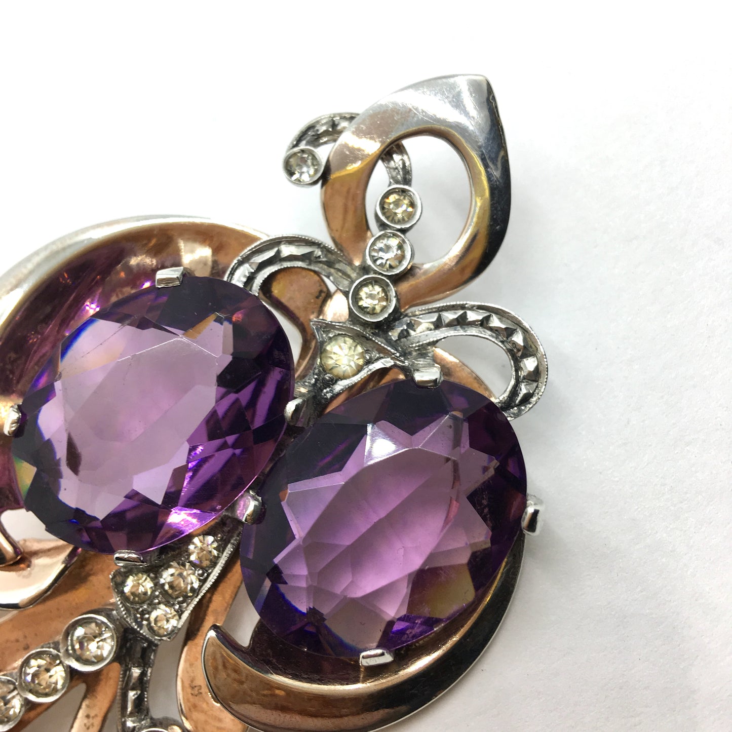 Brooch / Lapel Pin - Large Vintage Sterling Silver Scrolling Design Purple Stone Brooch Lapel Pin