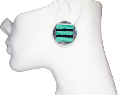 Big Stud Earrings, Sterling Silver Bold Geometric Circle, Square Design Green Malachite Stone Earrings