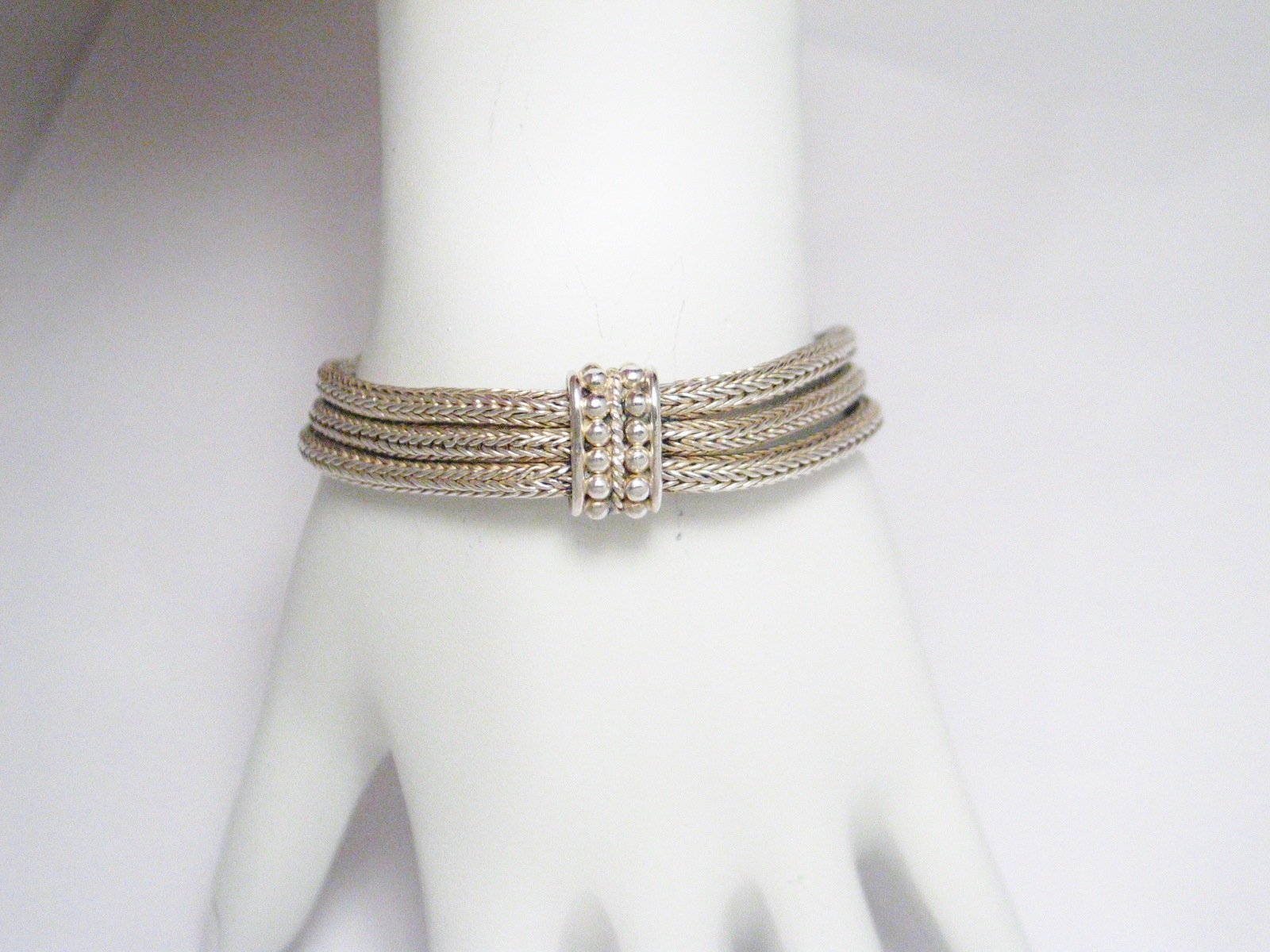 Chain Bracelet, Sterling Silver Bali Style, 3 Strand Foxtail Woven Bar Station Chain Bracelet