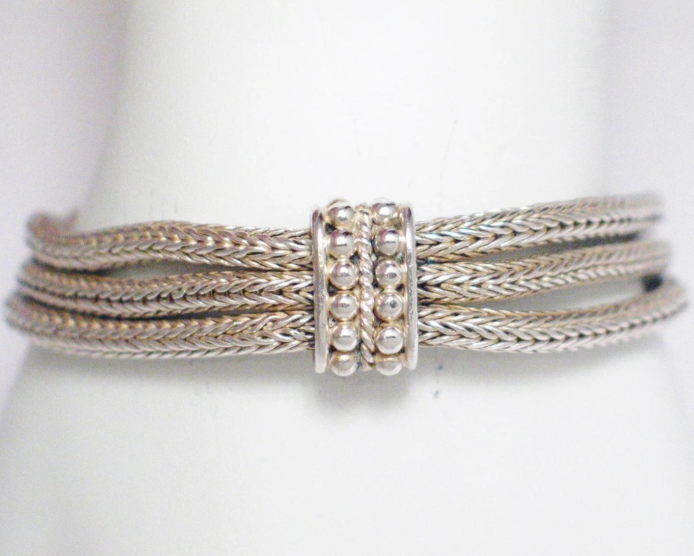 Chain Bracelet, Sterling Silver Bali Style, 3 Strand Foxtail Woven Bar Station Chain Bracelet