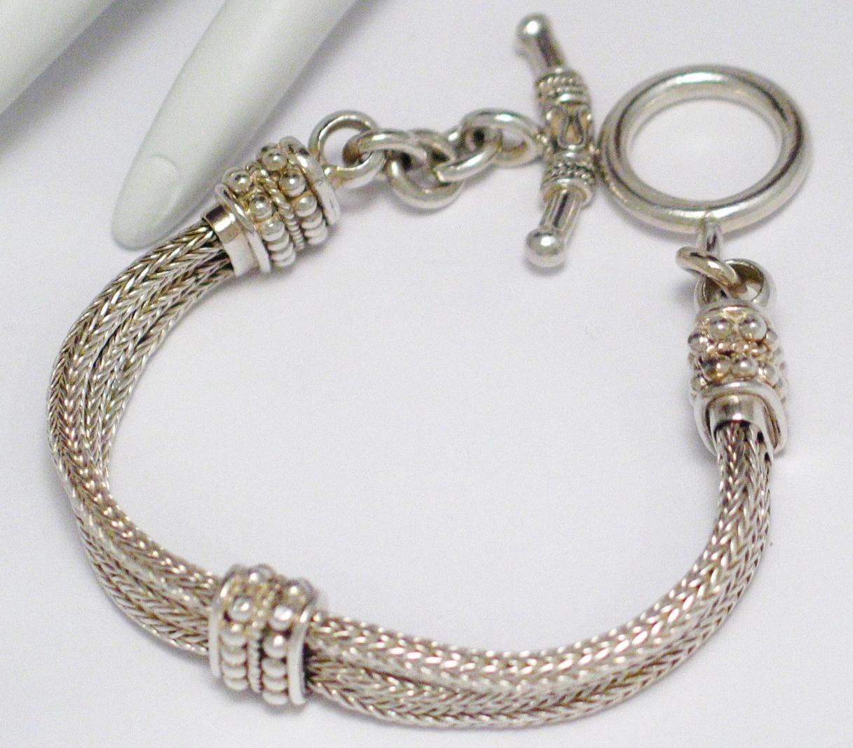 Chain Bracelet, Sterling Silver Bali Style, 3 Strand Foxtail Woven Bar Station Chain Bracelet
