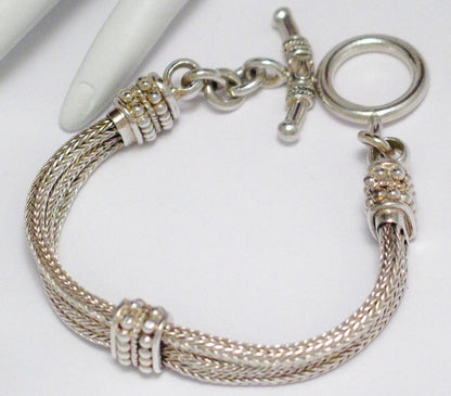 Chain Bracelet, Sterling Silver Bali Style, 3 Strand Foxtail Woven Bar Station Chain Bracelet