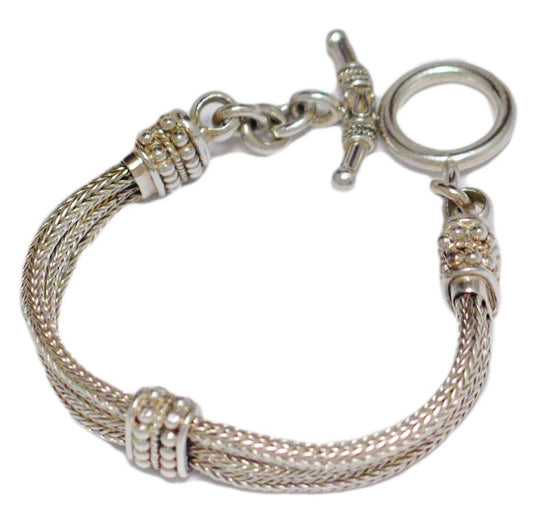 Chain Bracelet, Sterling Silver Bali Style, 3 Strand Foxtail Woven Bar Station Chain Bracelet - Blingschlingers Jewelry