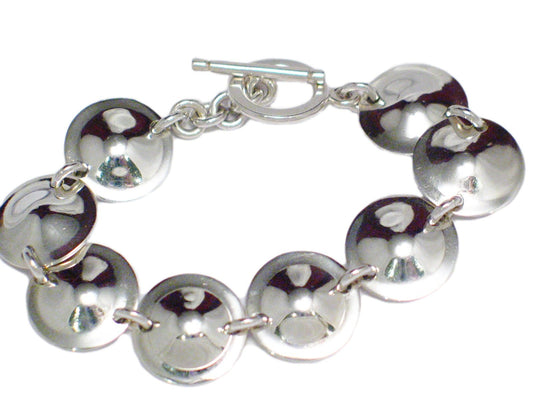 Sterling Silver Bracelet, Unique Domed Disc Style Circle Link Toggle Statement Bracelet - Blingschlingers Jewelry