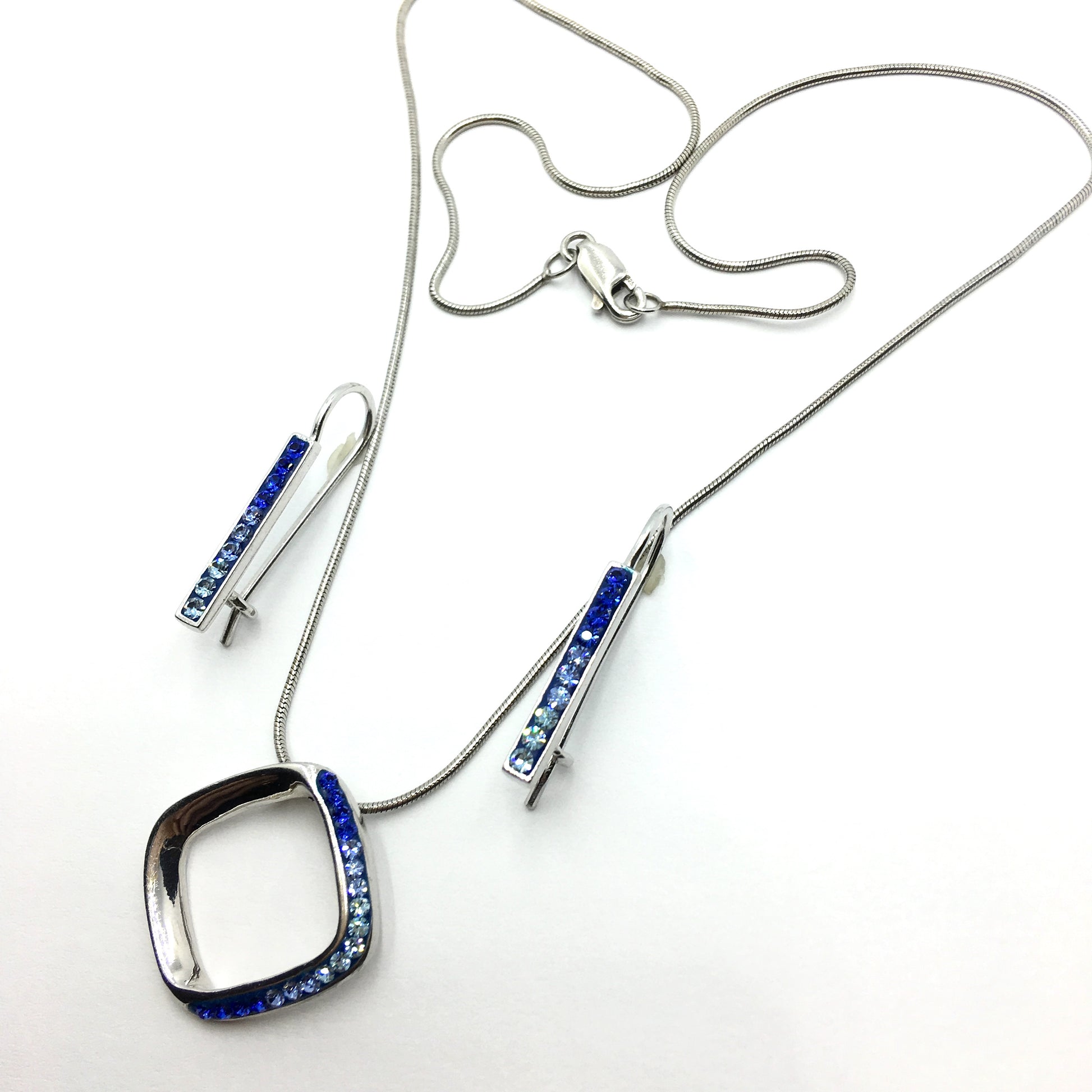 Jewelry Womens - Sterling Silver Blue Ombre Crystal Earrings Pendant Necklace Matching Set 