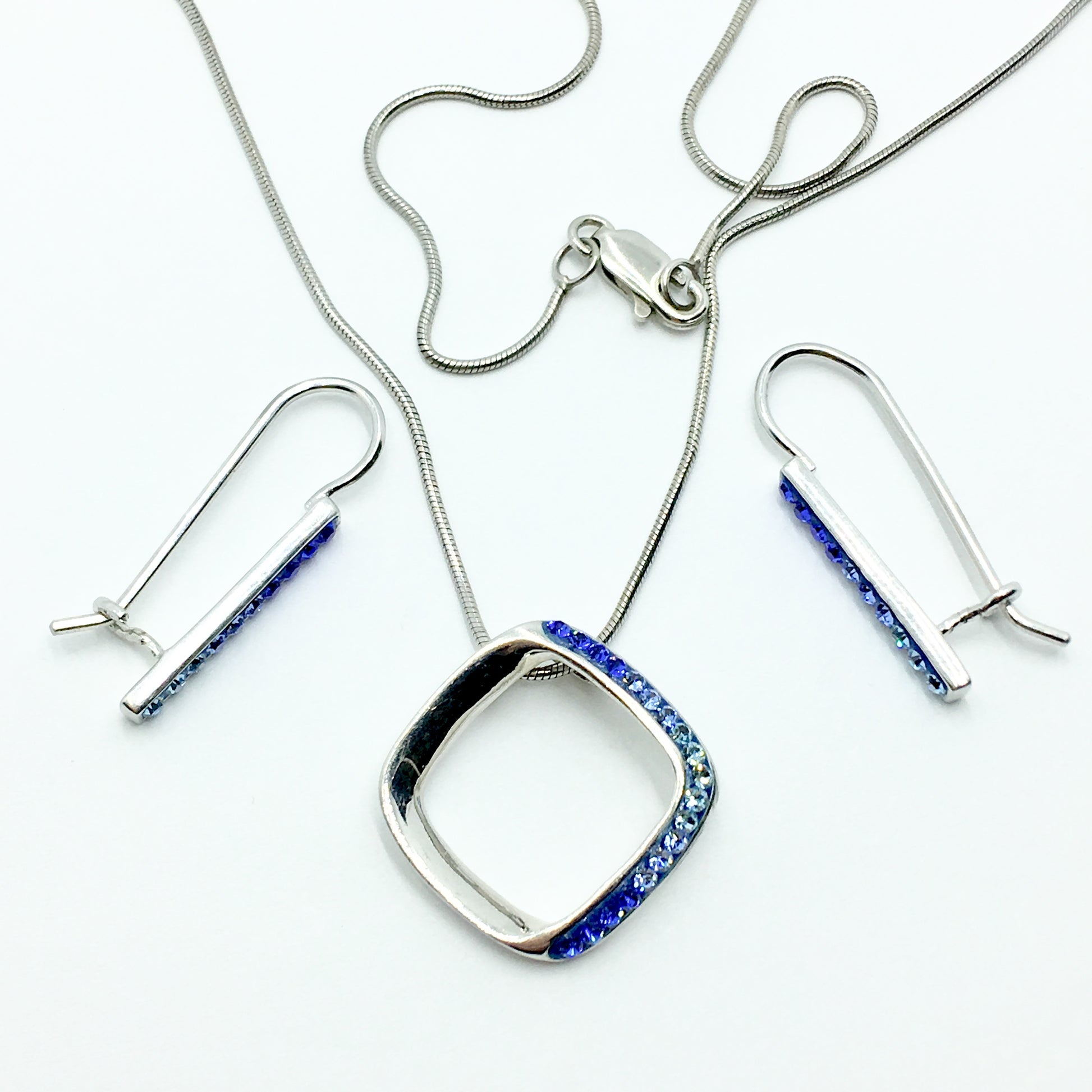 Jewelry Womens Blue Ombre Crystal Earrings Pendant Necklace Matching Set 