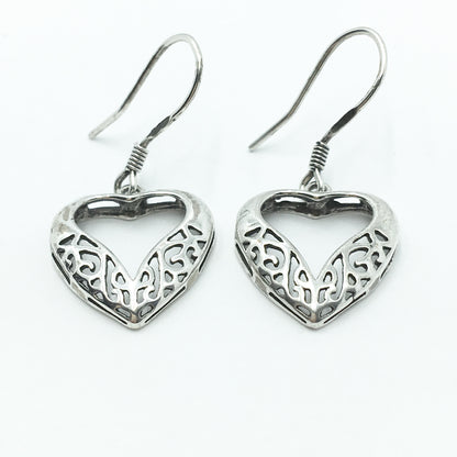 Estate Jewelry | Sterling Silver Filigree Cut-out Design Heart Dangle Earrings
