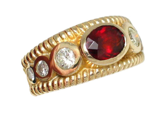 14k Gold Ring, Womens Luxurious Pre-owned Red Spessartite Garnet Diamond Ring