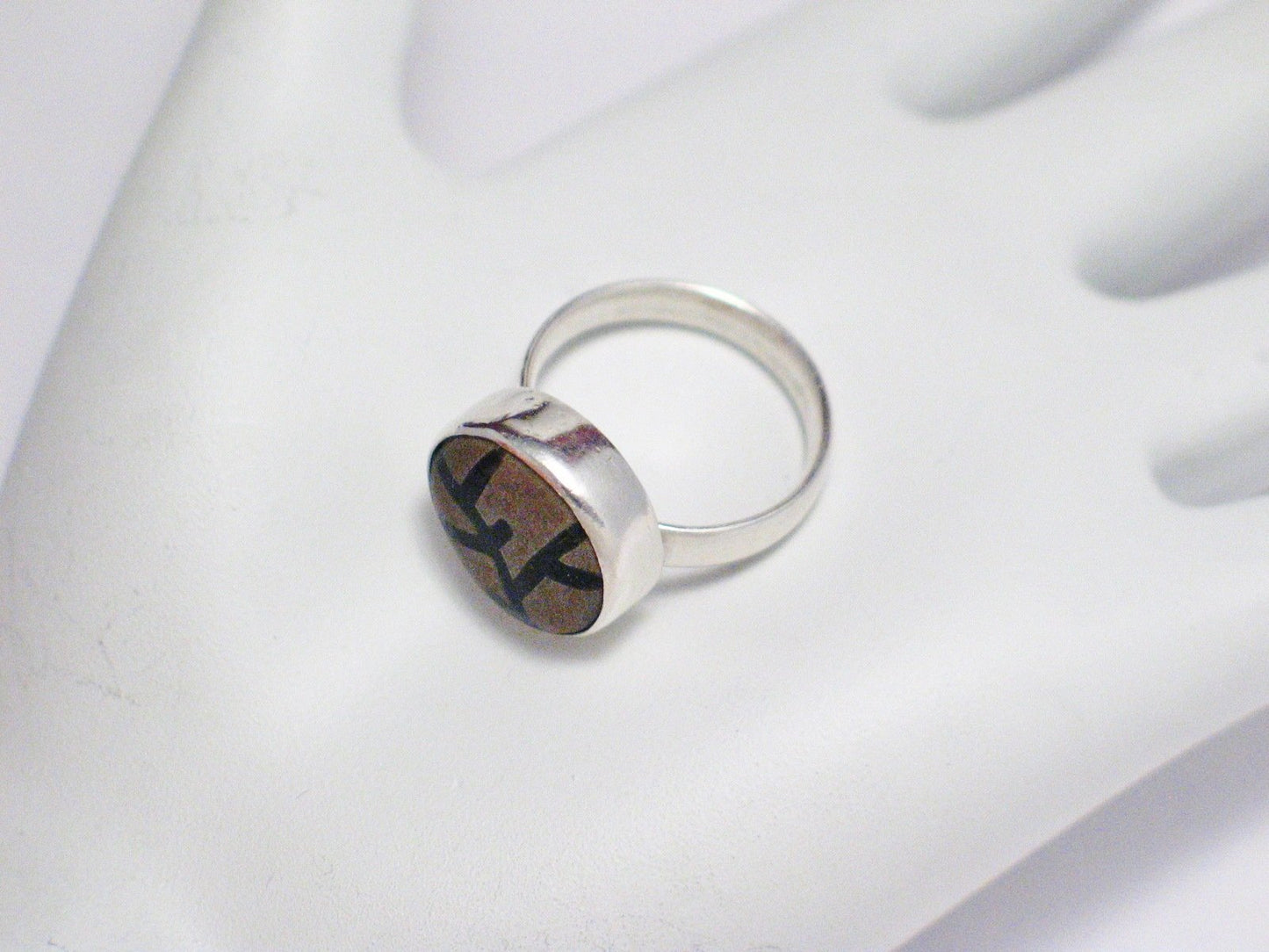 Stone Ring, Sterling Silver Black Tree Branch Design Sandstone Ring