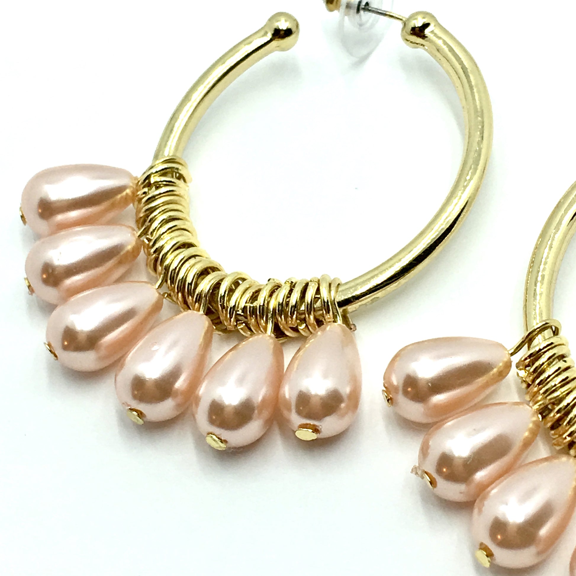 Fashion Jewelry | Gold Dangling Pink Pearl Big Oval Design Hoop Earrings