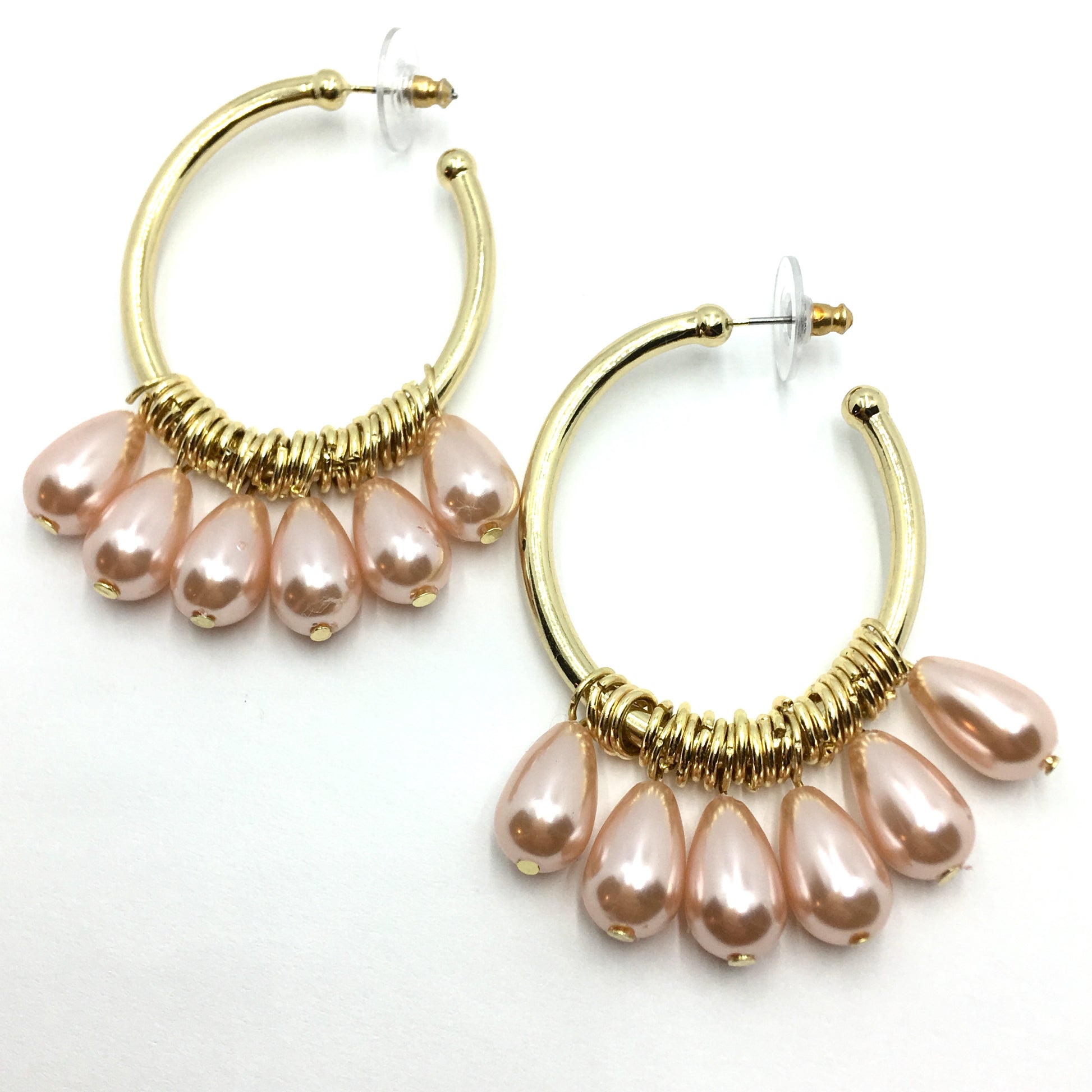 Fashion Jewelry | Gold Dangling Pink Pearl Big Oval Design Hoop Earrings