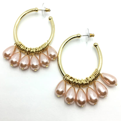 Fashion Jewelry | Gold Dangling Pink Pearl Big Oval Design Hoop Earrings