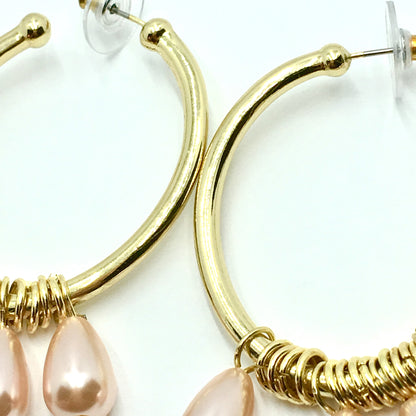 Fashion Jewelry | Gold Dangling Pink Pearl Big Oval Design Hoop Earrings