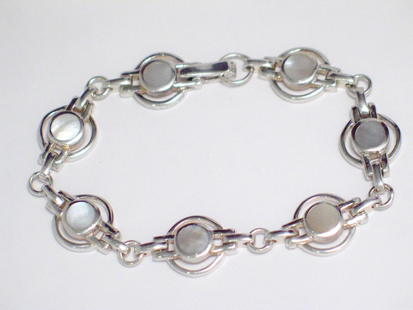 Halo Chain Bracelet Sterling Silver w/ Mother of Pearl Stone Inlay 7" - Blingschlingers Jewelry