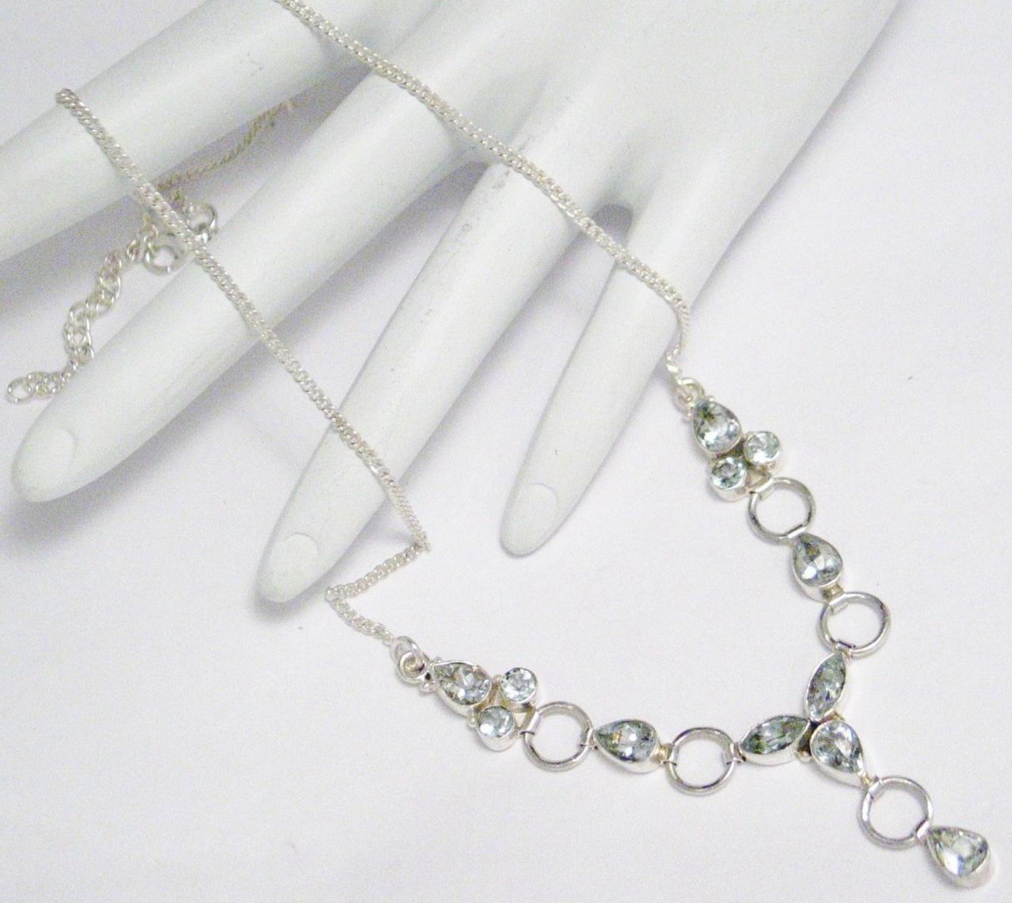 Sterling Silver Necklace, Womens Elegant Blue Aquamarine Stone Y Chain Necklace