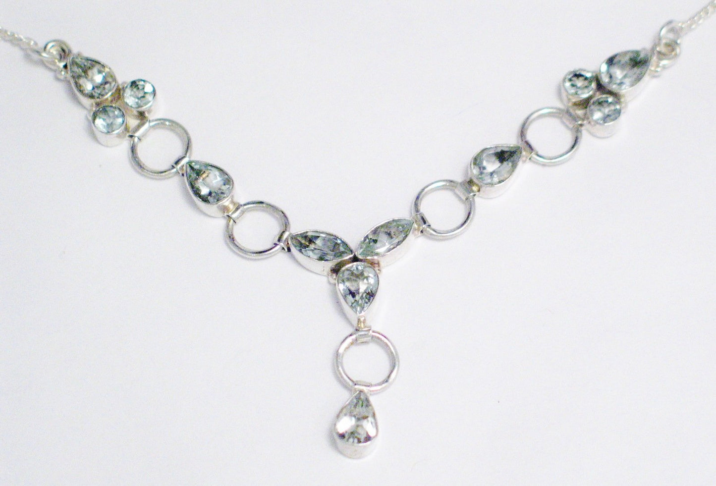 Womenswear Necklace | Sterling Silver Aquamarine Y Chain Necklace 16-18" | Discount Estate Jewelry online