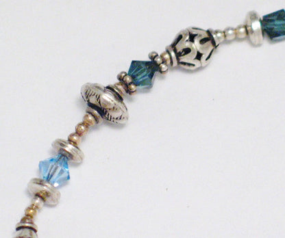 Silver bracelet 9" sterling filigree beads blue crystal w/ dangle charm