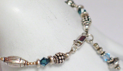 Silver bracelet 9" sterling filigree beads blue crystal w/ dangle - Blingschlingers Jewelry