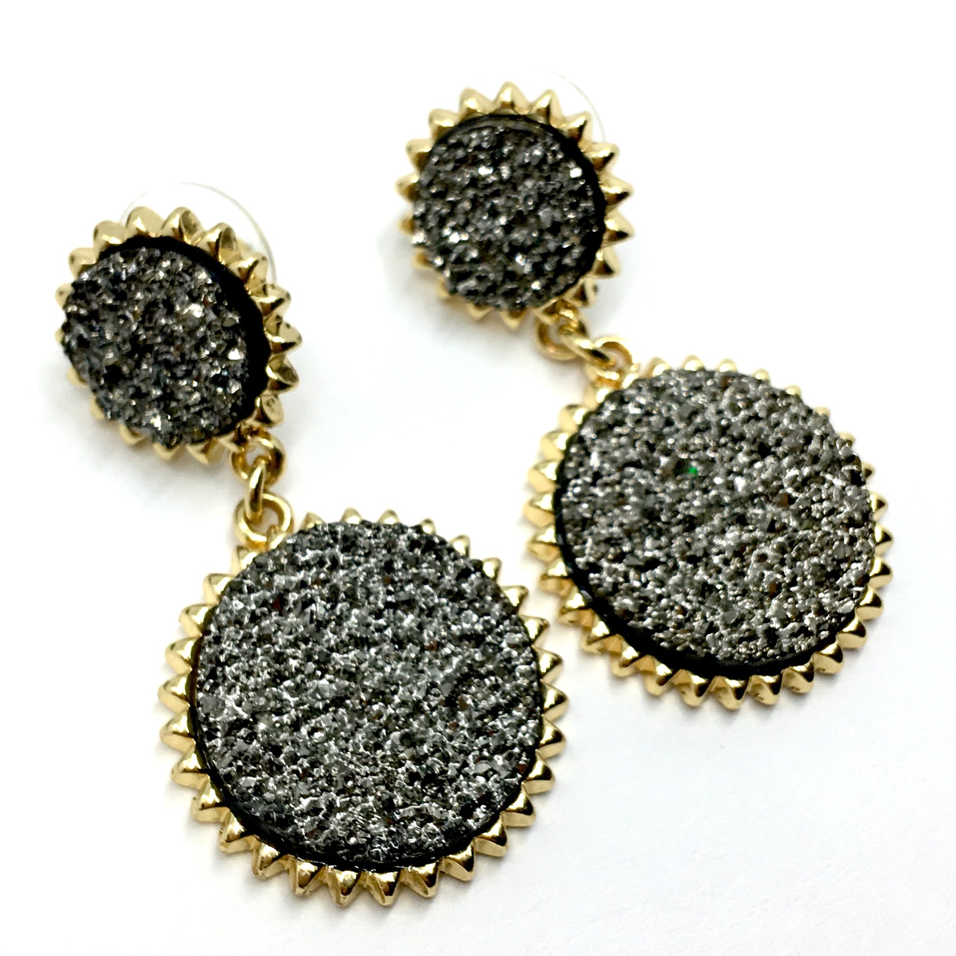 Fashion Jewelry - Edgy Flair Gold Metallic Black Druzy Circle Design Dangle Earrings