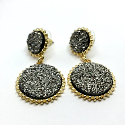 Fashion Jewelry - Edgy Flair Gold Metallic Black Druzy Circle Design Dangle Earrings - Baublebar