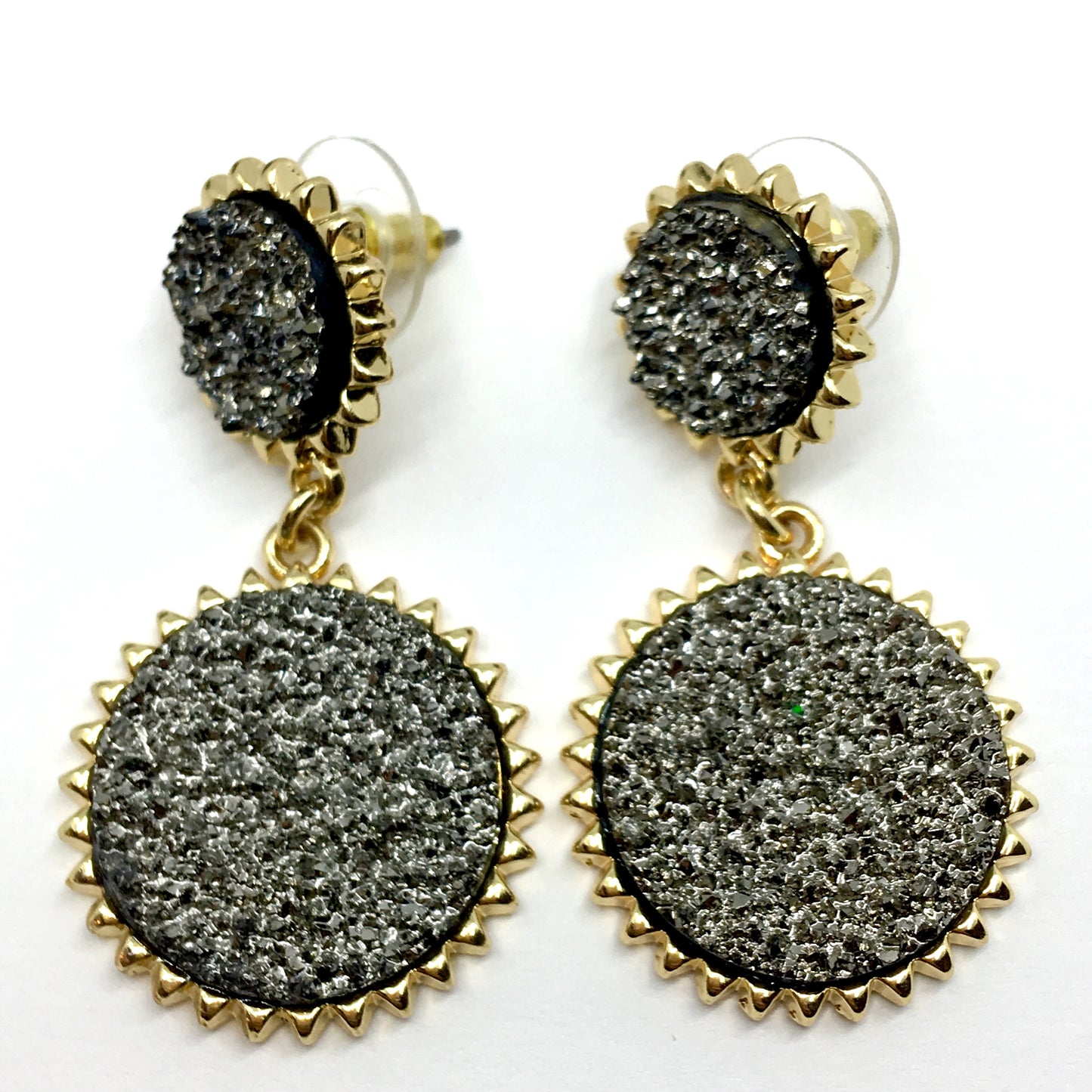 Fashion Jewelry - Edgy Flair Gold Metallic Black Druzy Circle Design Dangle Earrings | SugarFix