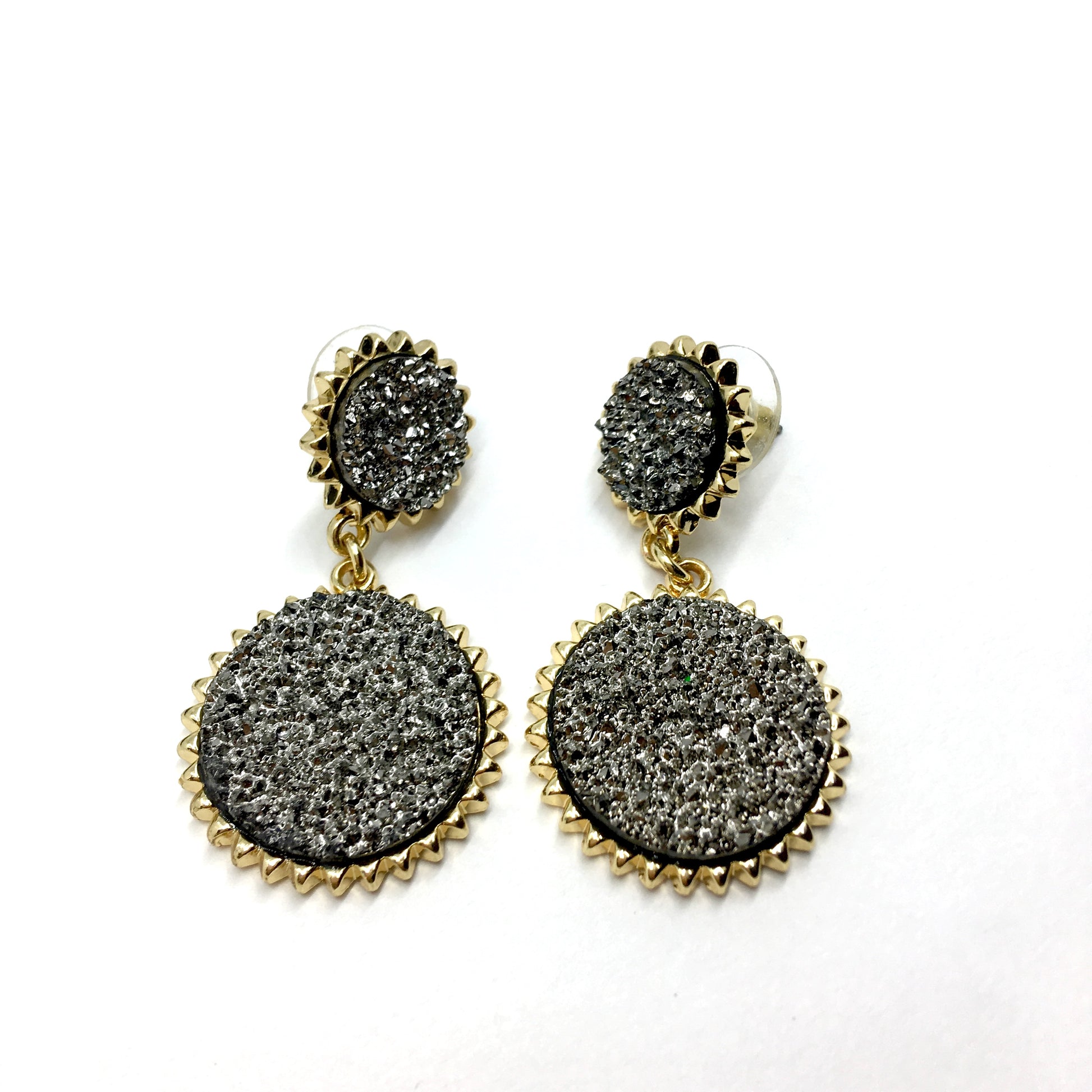 Fashion Jewelry - Edgy Flair Gold Metallic Black Druzy Circle Design Dangle Earrings