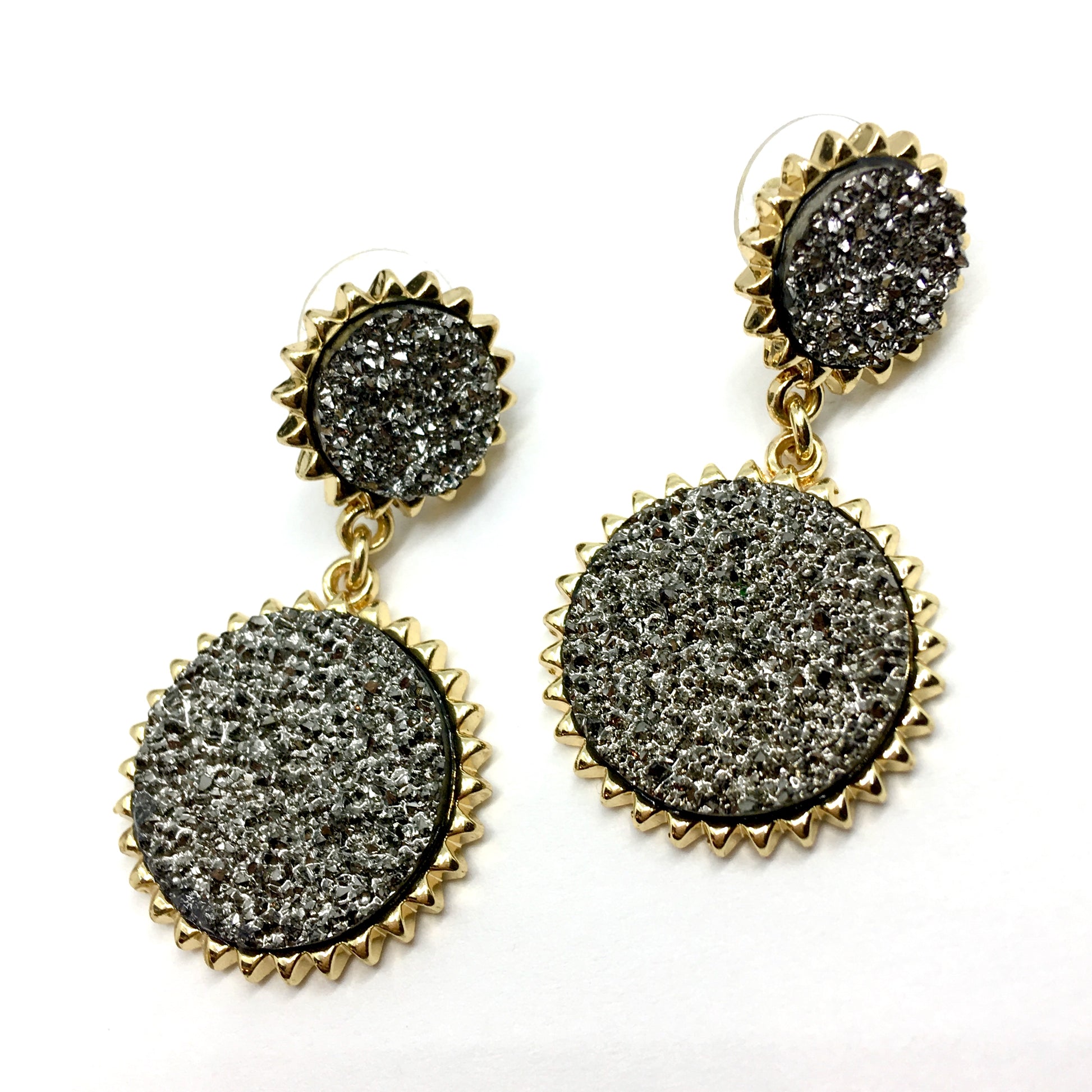 Fashion Jewelry - Edgy Flair Gold Black Druzy Circle Design Dangle Earrings