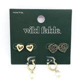 Fashion Jewelry | Variety Pack 3 pairs of Gold Heart Design Stud & Hoop Earrings