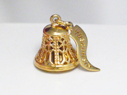 3D Charm Gold Bell w/ Wisconsin Flag Wedding Travel Sterling silver - Blingschlingers Jewelry