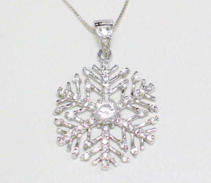Sterling Silver Necklace, Sparkly Cubic Zirconia Snowflake Pendant + Box Chain Necklace Bundle