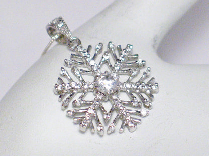 Sterling Silver Necklace, Sparkly Cubic Zirconia Snowflake Pendant + Box Chain Necklace Bundle