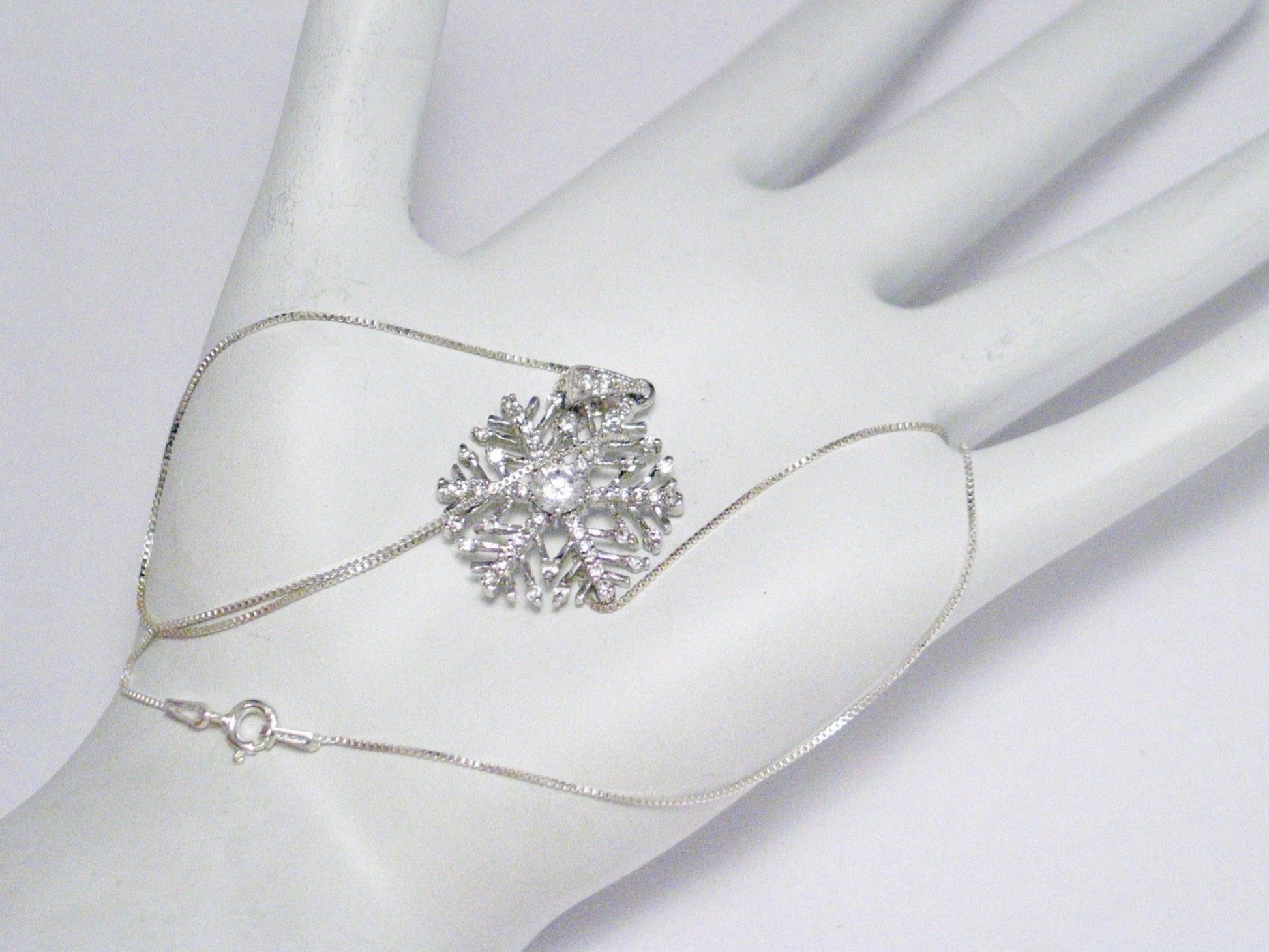 Sterling Silver Necklace, Sparkly Cubic Zirconia Snowflake Pendant + Box Chain Necklace Bundle