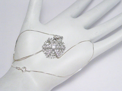 Sterling Silver Necklace, Sparkly Cubic Zirconia Snowflake Pendant + Box Chain Necklace Bundle