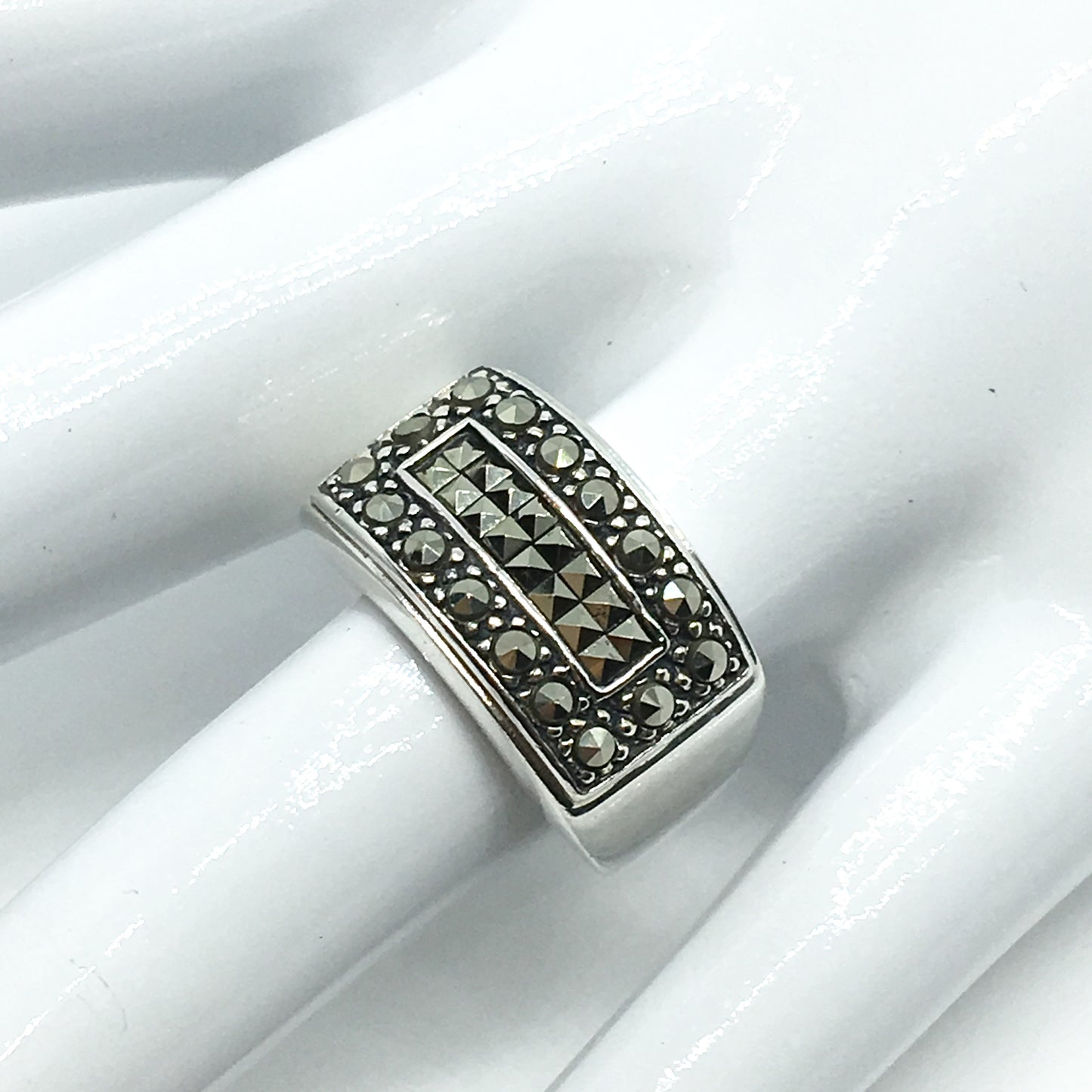 Jewelry - used Sterling Silver Bold Rectangular Style Marcasite Wide Band Ring  6.75