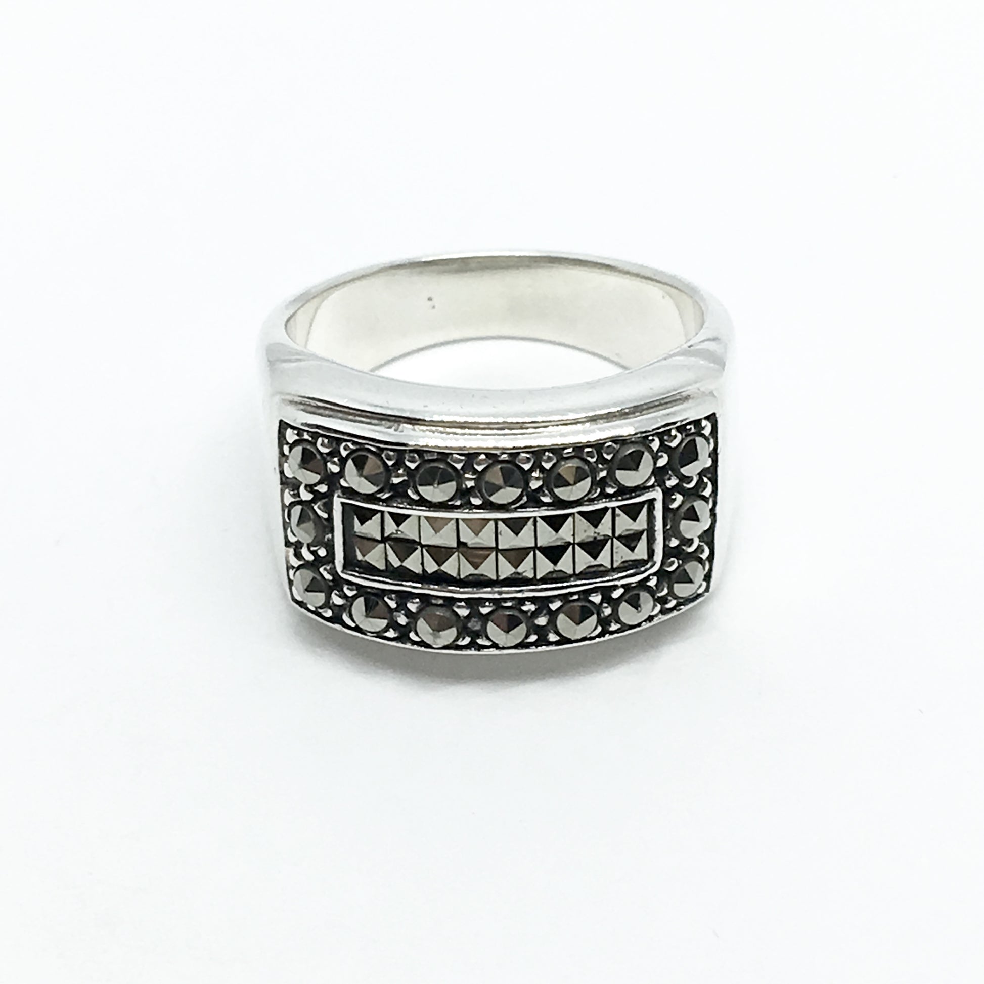 Jewelry - used Sterling Silver Bold Rectangular Style Marcasite Wide Band Ring  6.75