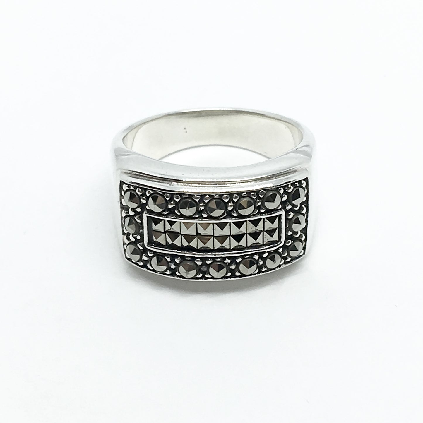 Jewelry - used Sterling Silver Bold Rectangular Style Marcasite Wide Band Ring  6.75