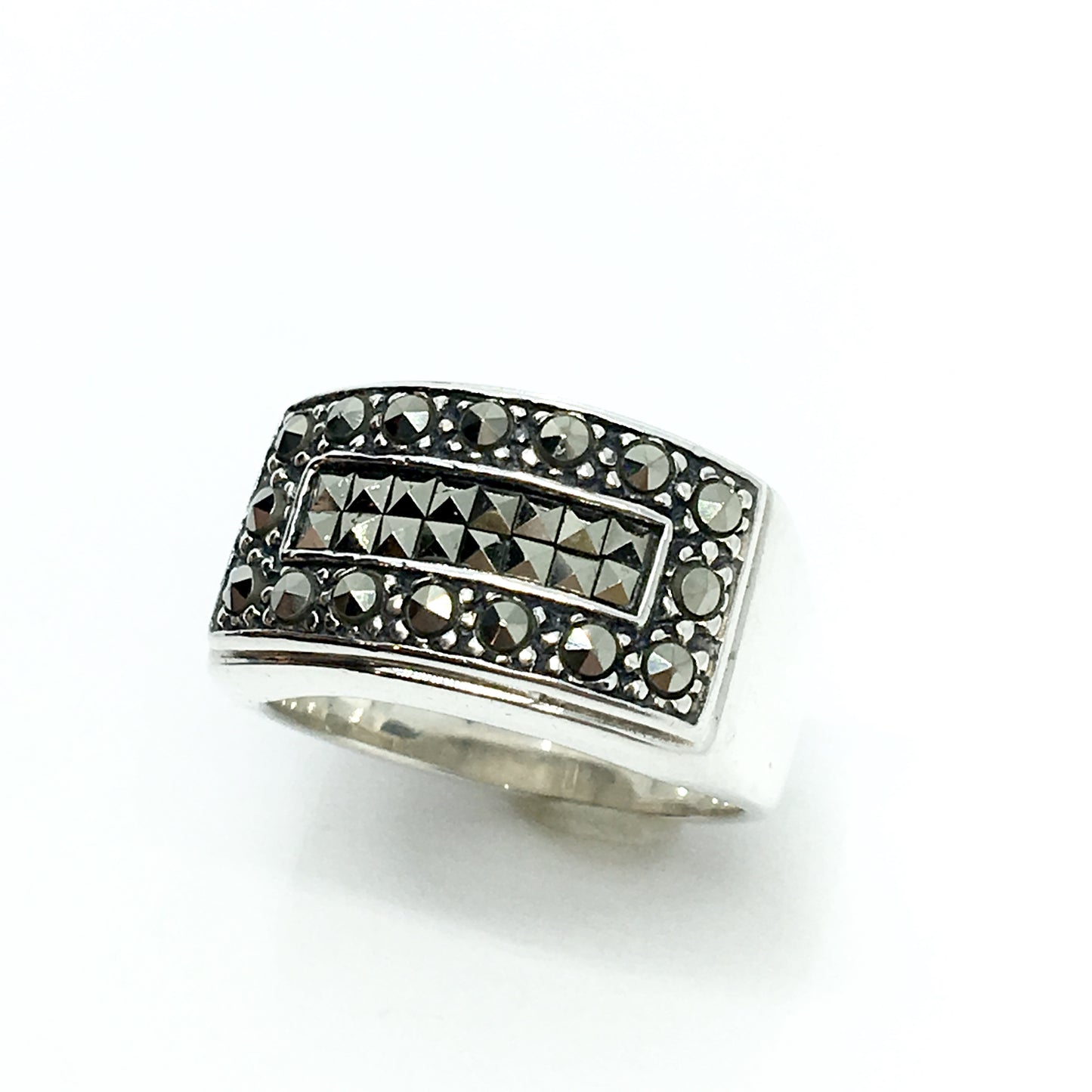 Jewelry - used Sterling Silver Bold Rectangular Style Marcasite Wide Band Ring  6.75