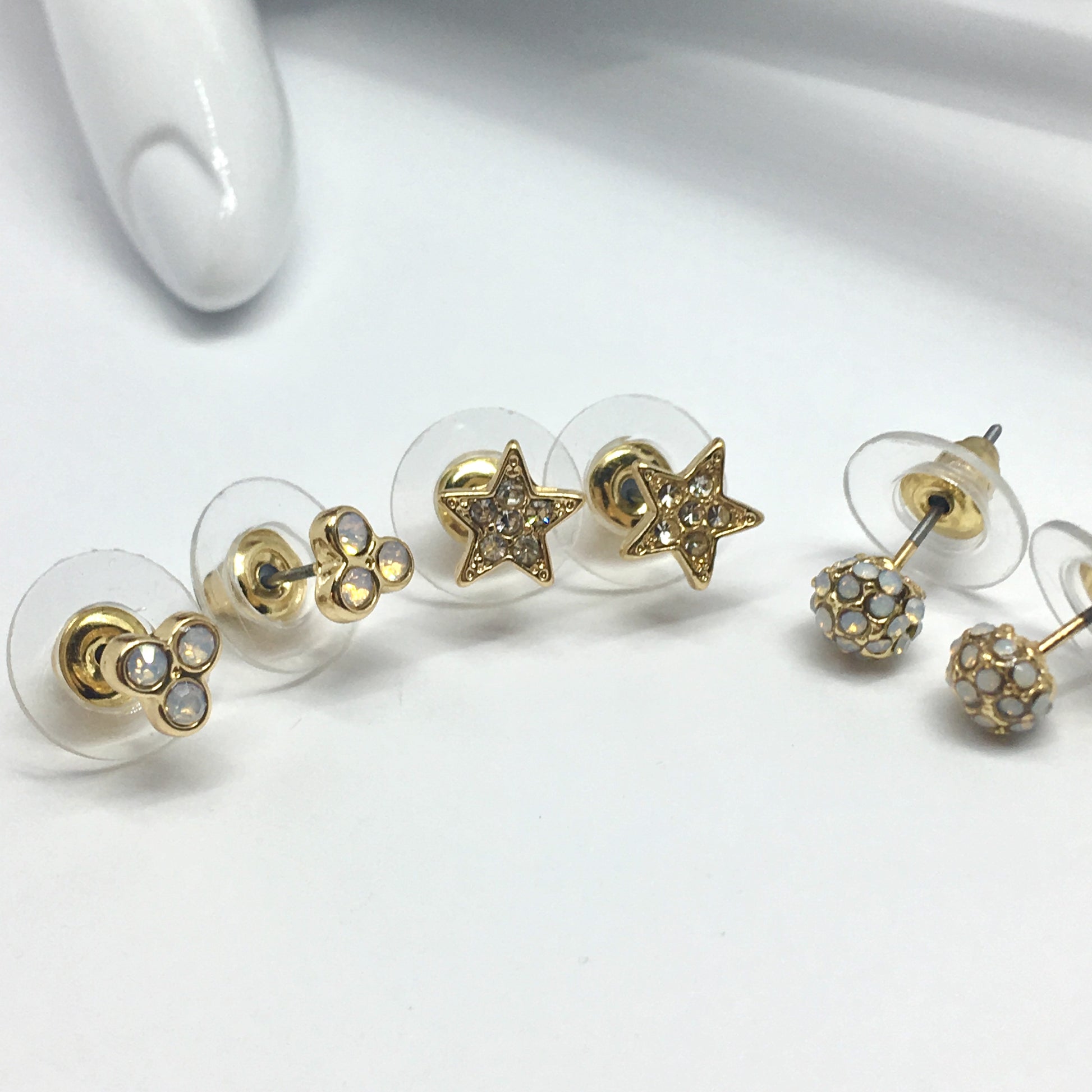 Fashion Jewelry - 3 Pairs Gold Star, Moon Orb, Clover Design Crystal Stud Earrings