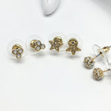 Fashion Jewelry - 3 Pairs Gold Star, Moon Orb, Clover Design Crystal Stud Earrings
