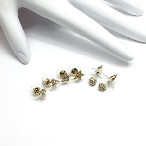 Fashion Jewelry - 3 Pairs Golden Star, Moon Orb, Clover Design Crystal Stud Earrings