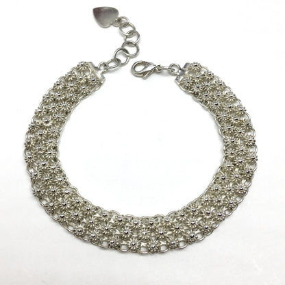 Vintage Unique Sterling Silver Mum Daisy Flower Design Mesh Chain Bracelet