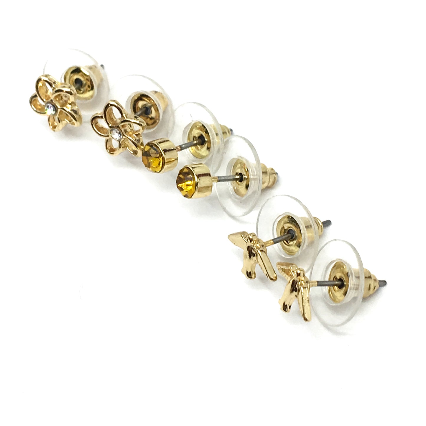 Earrings | 3prs Bird Flower Crystal Design Golden Small Stud Earrings